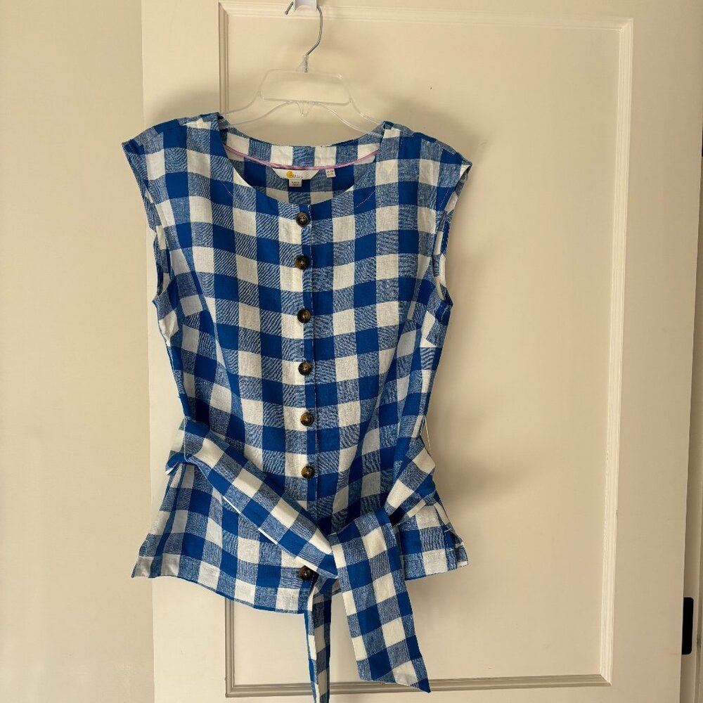 Boden Blue and White Gingham Sleeveless Linen Button Front Top with Tie Size 8